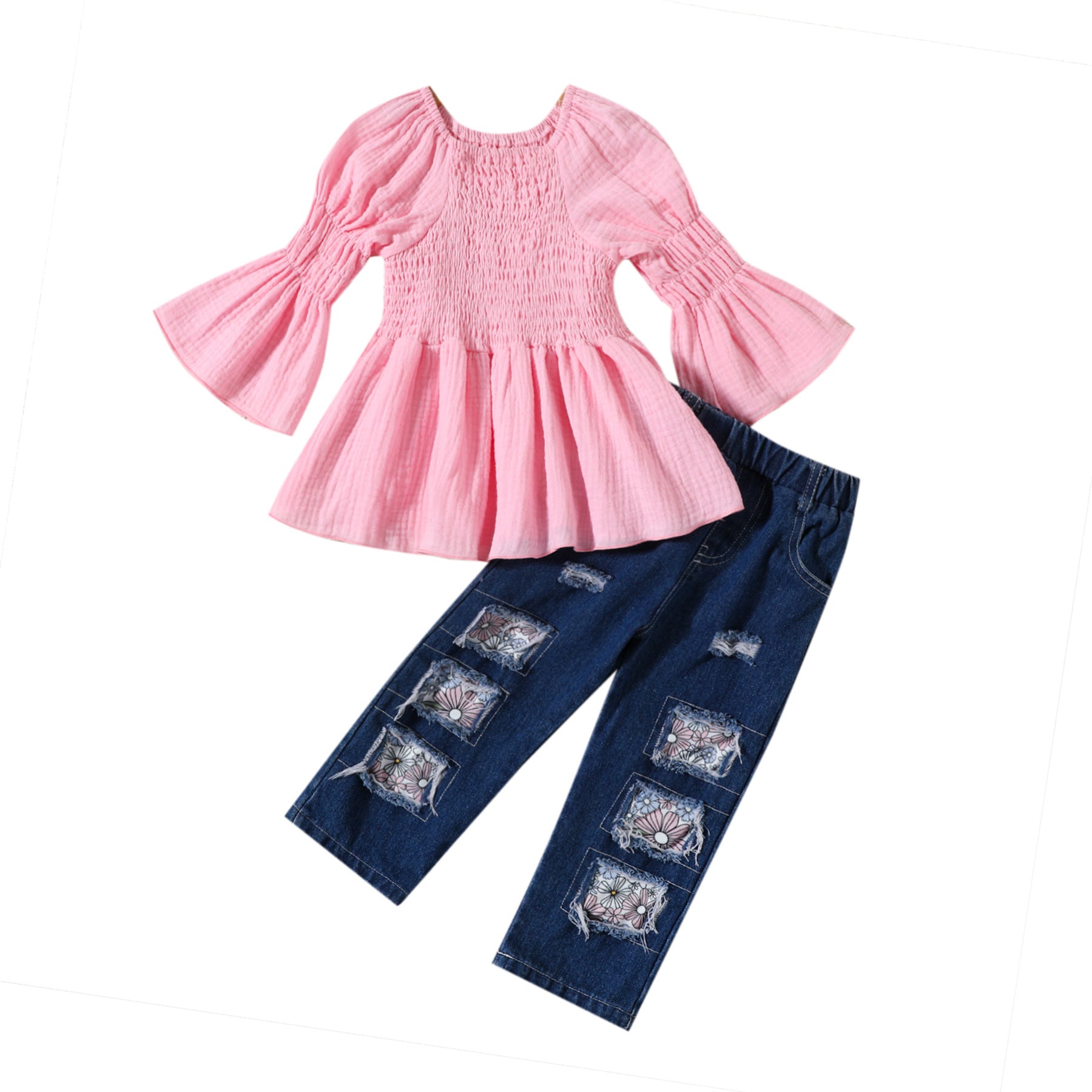 Wholesale of Solid Color Cotton Drawstring Tops and Personalized Jeans Sets